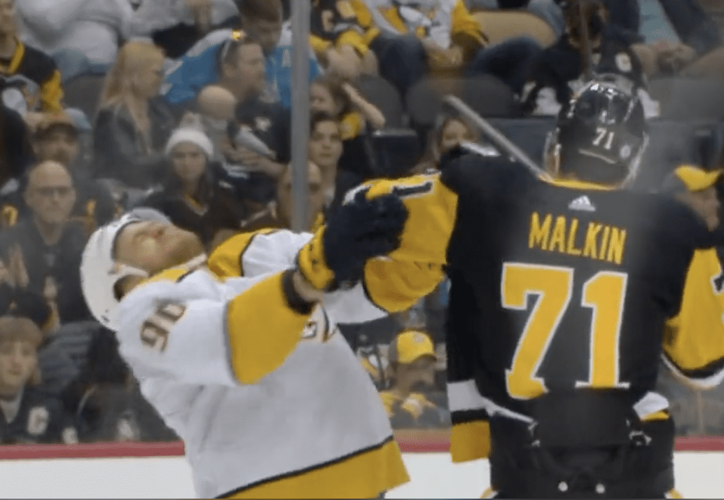 Mark Borowiecki Takes Cross-Check To The Face From Evgeni Malkin 